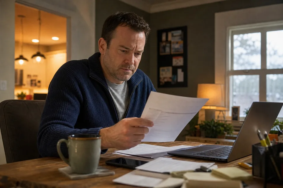 Business owner checking a card statement for software charges at his home desk
