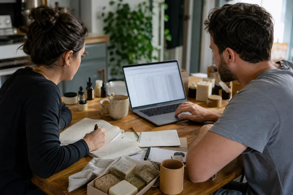 Two ecommerce founders comparing monthly software and ad budgets at a table