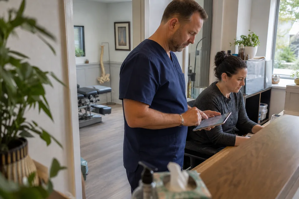 Chiropractor at the clinic front desk reviewing new patient bookings on a tablet with the receptionist