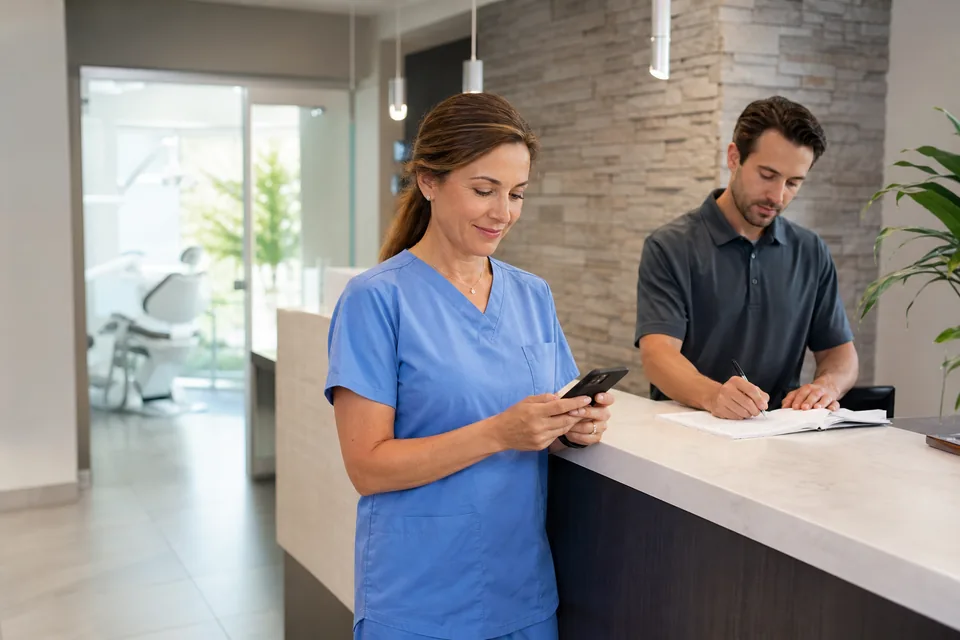 Dentist at the front desk checking new patient requests on her phone while the receptionist books appointments