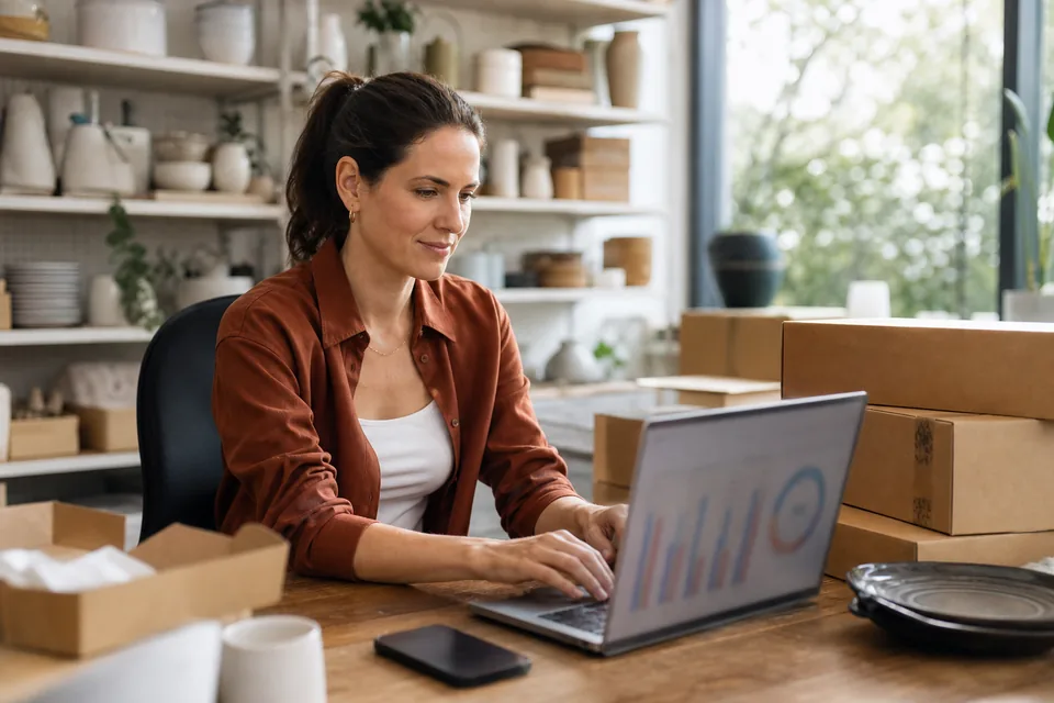 Small business owner reviewing ad results on a laptop in her shop office