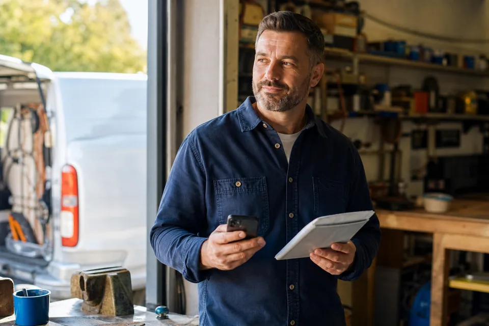 Owner of a local service company checking his phone in the workshop office