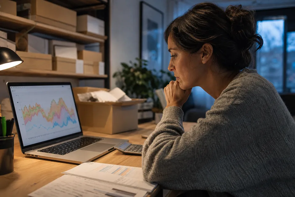 Ecommerce founder comparing ad attribution numbers on a laptop with a printed monthly revenue report on the desk