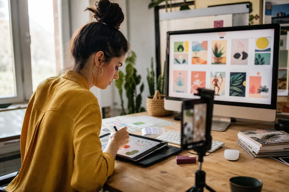 Designer reviewing a grid of ad creatives on a monitor in a bright studio
