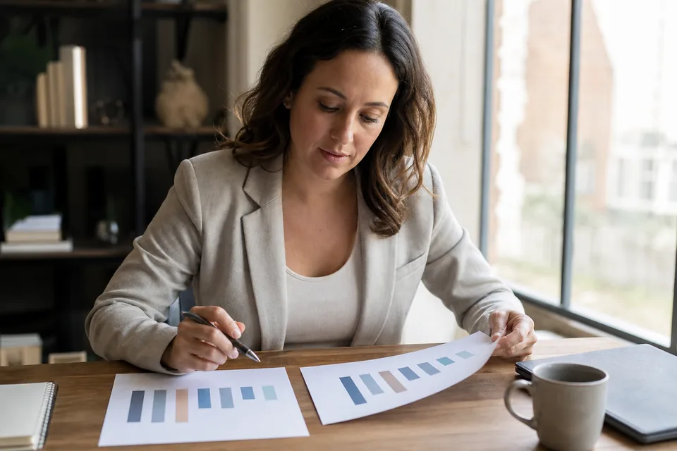 Marketing manager comparing two printed performance charts at her desk