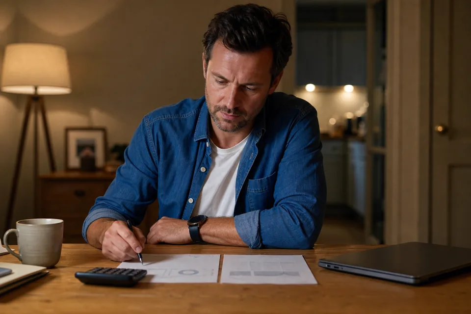 Small business owner comparing a subscription invoice and an ad spend statement at a kitchen table